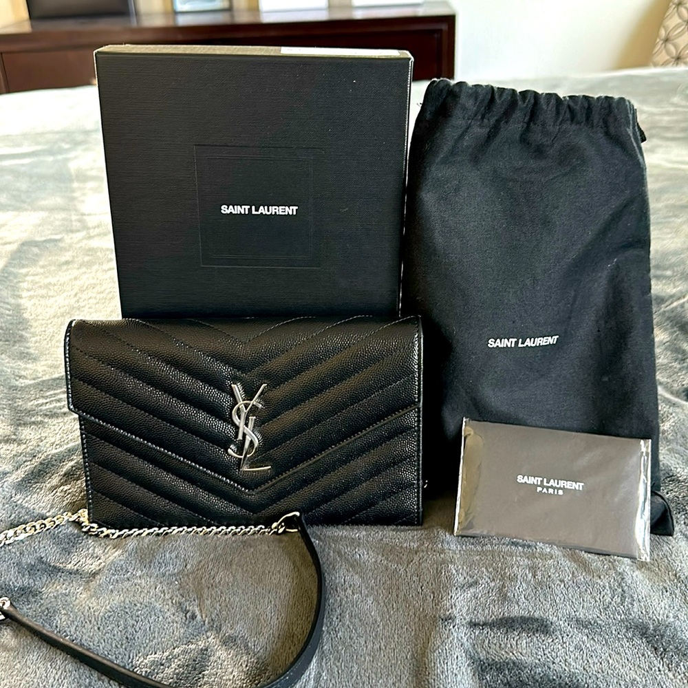 Authentic YSL Wallet On A Chain Chevron design in black with silver hardware